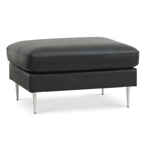 Ask puf, rektangulr - sort semianilin lder og brstet aluminium (85x70)