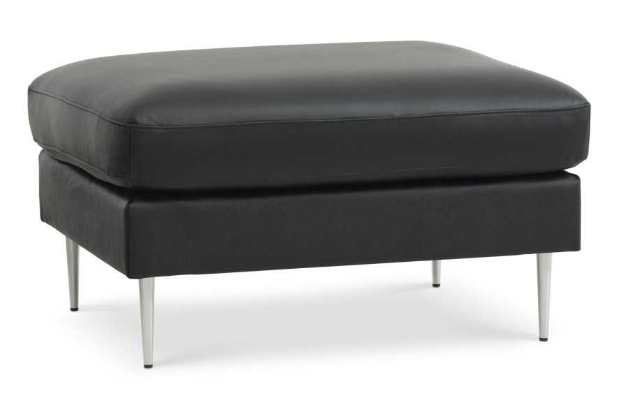 Ask puf, rektangulr - sort semianilin lder og brstet aluminium (85x70)