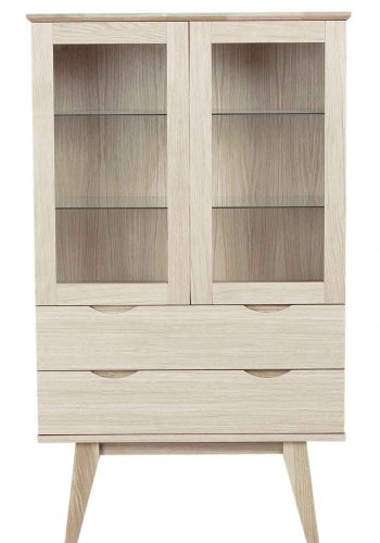 ROWICO Filippa vitrineskab - hvidolieret eg, m. 2 glaslger og 2 skuffer 