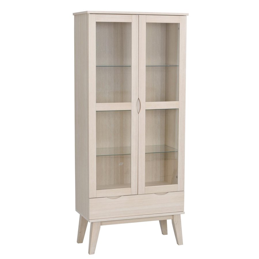 ROWICO Filippa vitrineskab, m. 2 lger og 1 skuffe - glas og hvidpigmenteret egetr