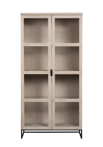 ROWICO rektangulr Everett vitrineskab m. 2 glaslger og 3 hylder - hvidvasket vildeg og sort metal