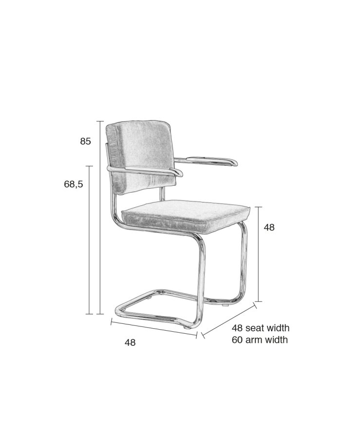 ZUIVER Ridge Rib Kink spisebordsstol, m. armln - bl fljl polyester/nylon og slv krom