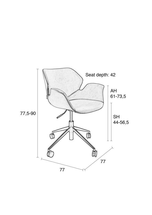ZUIVER Nikki kontorstol, hjdejusterbar, m. armln og hjul - sort PU og sort stl