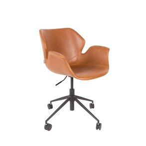 ZUIVER Nikki kontorstol, hjdejusterbar, m. armln og hjul - brun PU og sort stl