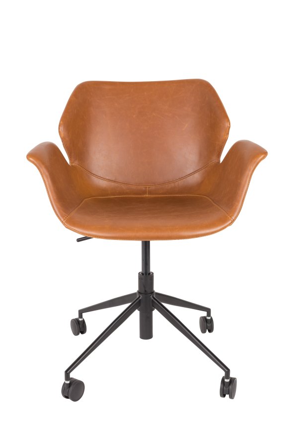 ZUIVER Nikki kontorstol, hjdejusterbar, m. armln og hjul - brun PU og sort stl