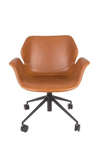 ZUIVER Nikki kontorstol, hjdejusterbar, m. armln og hjul - brun PU og sort stl