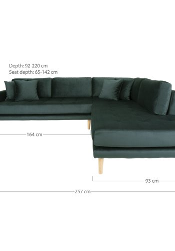HOUSE NORDIC  Lido Hjrnesofa ben Ende - Hjrnesofa ben Ende, hjrevendt i grn velour med fire puder og natur trben, HN1006