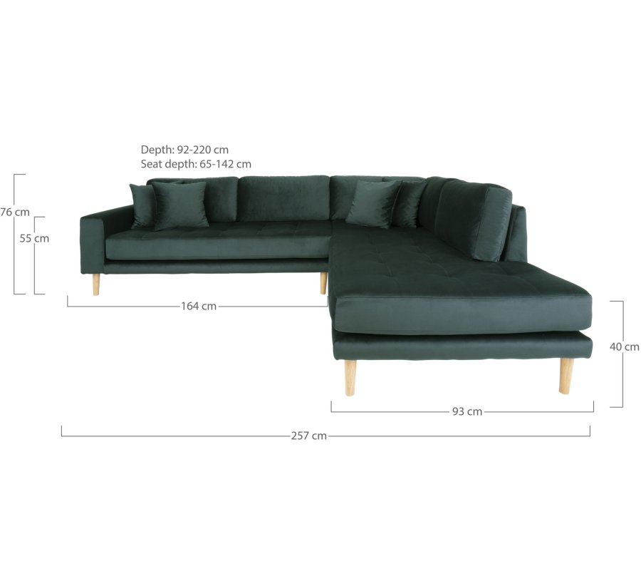 HOUSE NORDIC  Lido Hjrnesofa ben Ende - Hjrnesofa ben Ende, hjrevendt i grn velour med fire puder og natur trben, HN1006