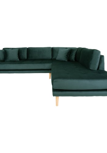 HOUSE NORDIC  Lido Hjrnesofa ben Ende - Hjrnesofa ben Ende, hjrevendt i grn velour med fire puder og natur trben, HN1006