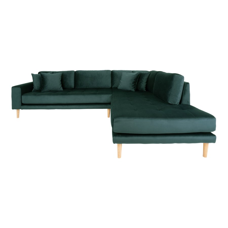HOUSE NORDIC  Lido Hjrnesofa ben Ende - Hjrnesofa ben Ende, hjrevendt i grn velour med fire puder og natur trben, HN1006