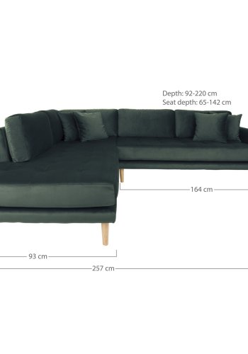 HOUSE NORDIC  Lido Hjrnesofa ben Ende - Hjrnesofa ben Ende, venstrevendt i grn velour med fire puder og natur trben, HN1006