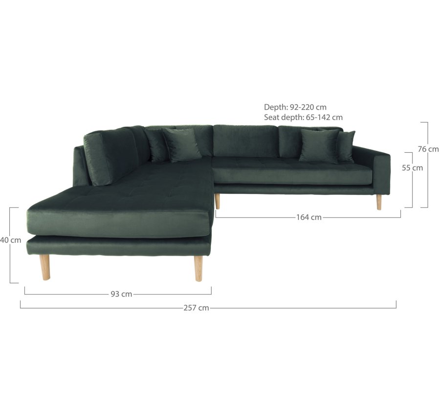 HOUSE NORDIC  Lido Hjrnesofa ben Ende - Hjrnesofa ben Ende, venstrevendt i grn velour med fire puder og natur trben, HN1006