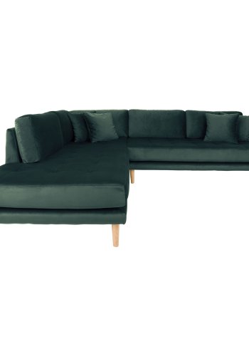 HOUSE NORDIC  Lido Hjrnesofa ben Ende - Hjrnesofa ben Ende, venstrevendt i grn velour med fire puder og natur trben, HN1006