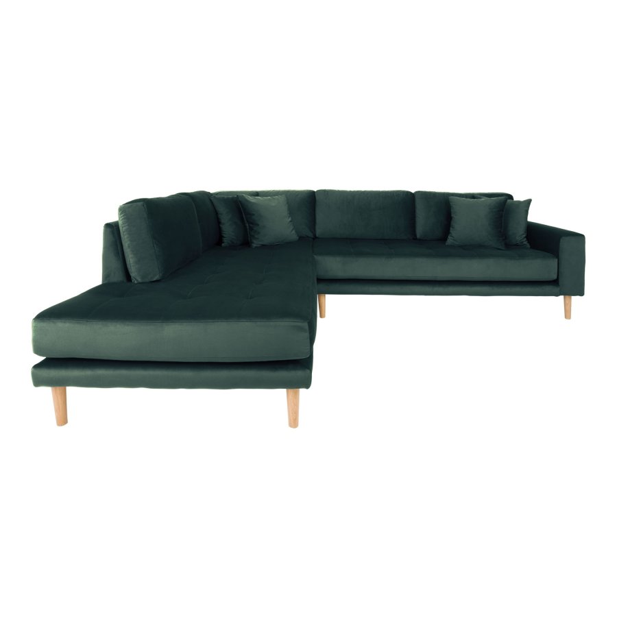 HOUSE NORDIC  Lido Hjrnesofa ben Ende - Hjrnesofa ben Ende, venstrevendt i grn velour med fire puder og natur trben, HN1006