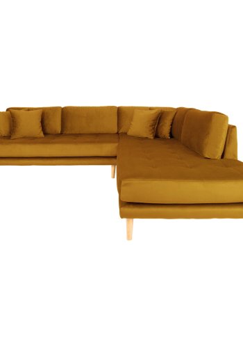 HOUSE NORDIC  Lido Hjrnesofa open end - Hjrnesofa ben Ende, hjrevendt i sennepsgul veour med fire puder og natur trben, HN 1004