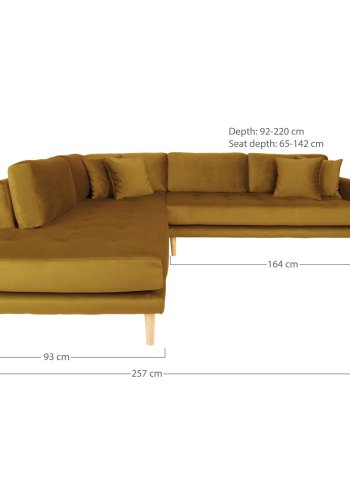HOUSE NORDIC  Lido Hjrnesofa open end - Hjrnesofa ben Ende, venstrevendt i sennepsgul velour med fire puder og natur trben,HN1004