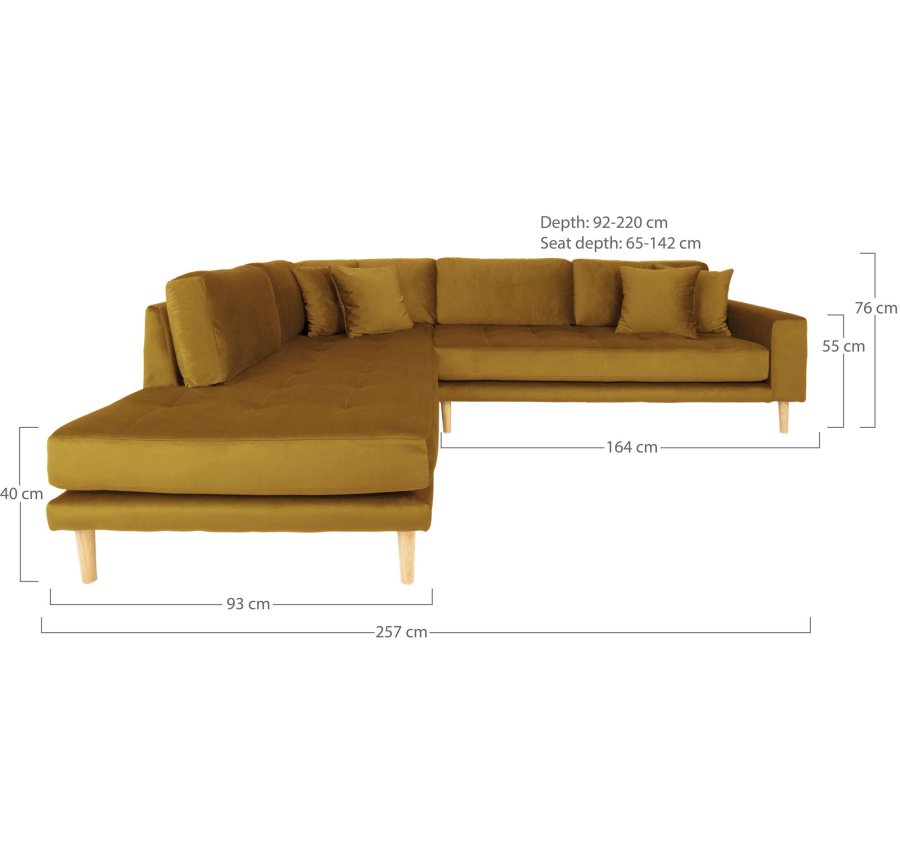 HOUSE NORDIC  Lido Hjrnesofa open end - Hjrnesofa ben Ende, venstrevendt i sennepsgul velour med fire puder og natur trben,HN1004