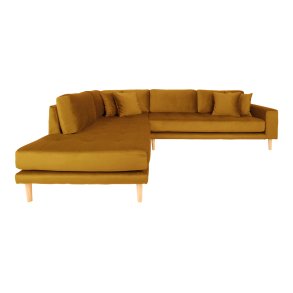 HOUSE NORDIC  Lido Hjrnesofa open end - Hjrnesofa ben Ende, venstrevendt i sennepsgul velour med fire puder og natur trben,HN1004