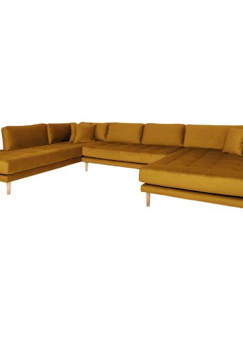 HOUSE NORDIC  Lido U-Sofa ben Ende - U-Sofa ben Ende, hjrevendt i sennepsgul velour med fire puder med natur trben, HN1004