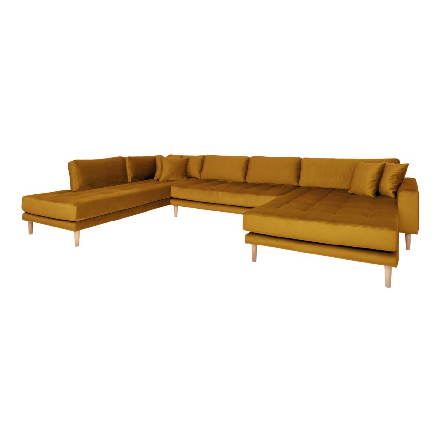 HOUSE NORDIC  Lido U-Sofa ben Ende - U-Sofa ben Ende, hjrevendt i sennepsgul velour med fire puder med natur trben, HN1004