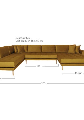 HOUSE NORDIC  Lido U-Sofa ben Ende - U-Sofa ben Ende, hjrevendt i sennepsgul velour med fire puder med natur trben, HN1004