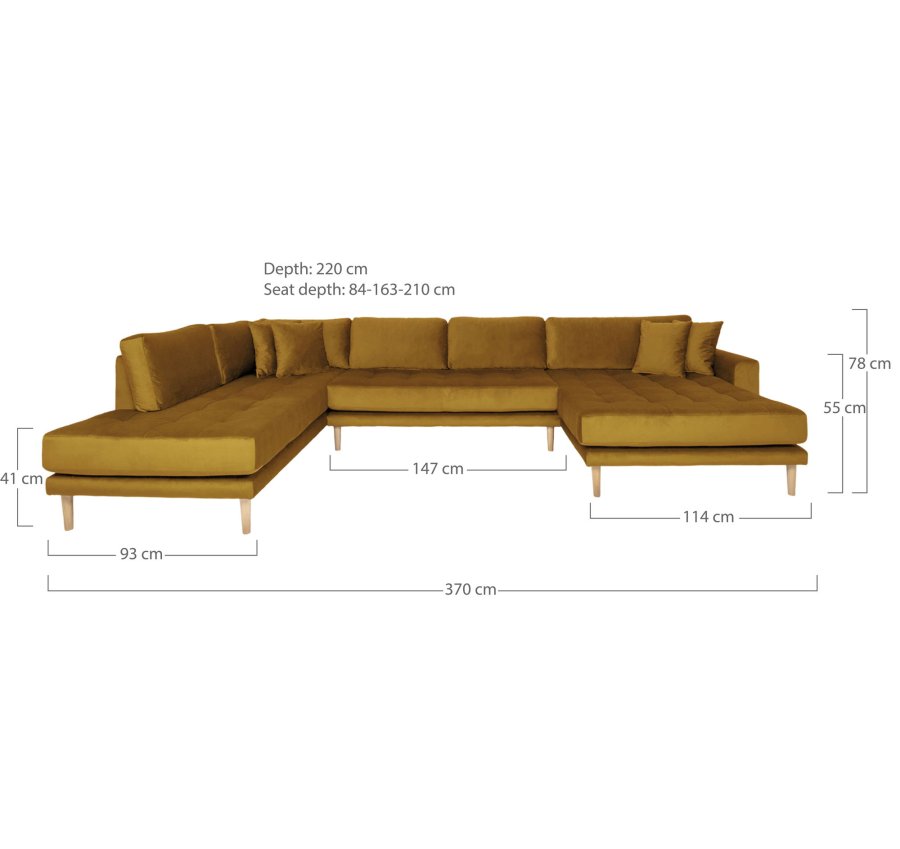 HOUSE NORDIC  Lido U-Sofa ben Ende - U-Sofa ben Ende, hjrevendt i sennepsgul velour med fire puder med natur trben, HN1004