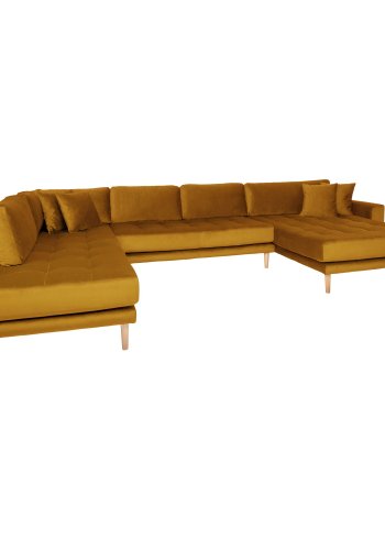 HOUSE NORDIC  Lido U-Sofa ben Ende - U-Sofa ben Ende, hjrevendt i sennepsgul velour med fire puder med natur trben, HN1004