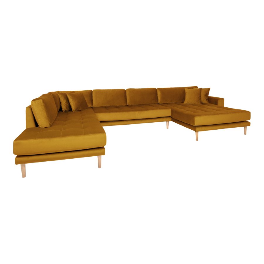 HOUSE NORDIC  Lido U-Sofa ben Ende - U-Sofa ben Ende, hjrevendt i sennepsgul velour med fire puder med natur trben, HN1004