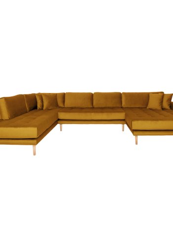 HOUSE NORDIC  Lido U-Sofa ben Ende - U-Sofa ben Ende, hjrevendt i sennepsgul velour med fire puder med natur trben, HN1004