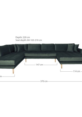 HOUSE NORDIC  Lido U-Sofa ben Ende - U-Sofa ben Ende, hjrevendt i mrkegrn velour med fire puder og natur trben, HN1006