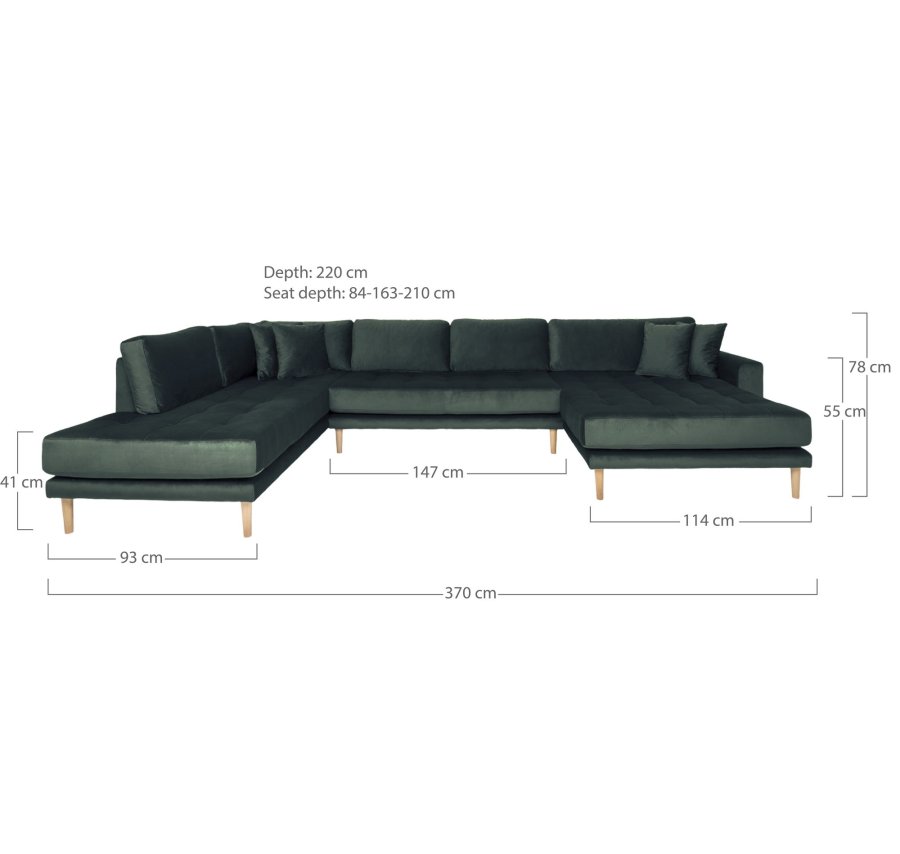 HOUSE NORDIC  Lido U-Sofa ben Ende - U-Sofa ben Ende, hjrevendt i mrkegrn velour med fire puder og natur trben, HN1006