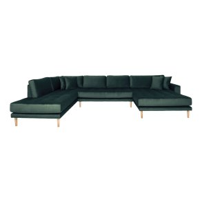 HOUSE NORDIC  Lido U-Sofa ben Ende - U-Sofa ben Ende, hjrevendt i mrkegrn velour med fire puder og natur trben, HN1006