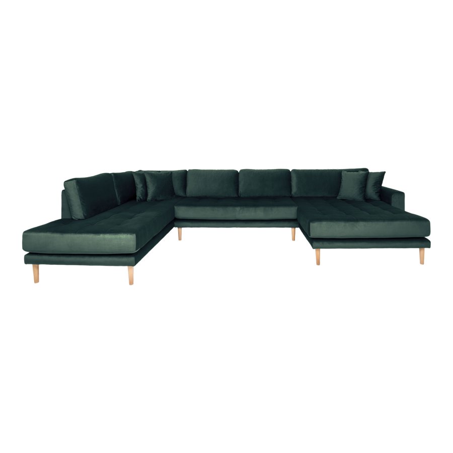 HOUSE NORDIC  Lido U-Sofa ben Ende - U-Sofa ben Ende, hjrevendt i mrkegrn velour med fire puder og natur trben, HN1006