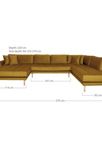 HOUSE NORDIC  Lido U-Sofa ben Ende - U-Sofa ben Ende, venstrevendt i sennepsgul velour med fire puder og natur trben, HN1004