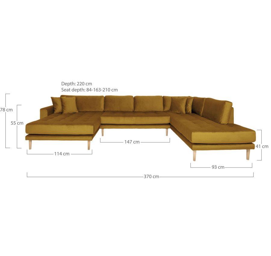 HOUSE NORDIC  Lido U-Sofa ben Ende - U-Sofa ben Ende, venstrevendt i sennepsgul velour med fire puder og natur trben, HN1004