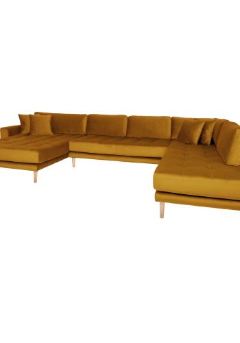 HOUSE NORDIC  Lido U-Sofa ben Ende - U-Sofa ben Ende, venstrevendt i sennepsgul velour med fire puder og natur trben, HN1004