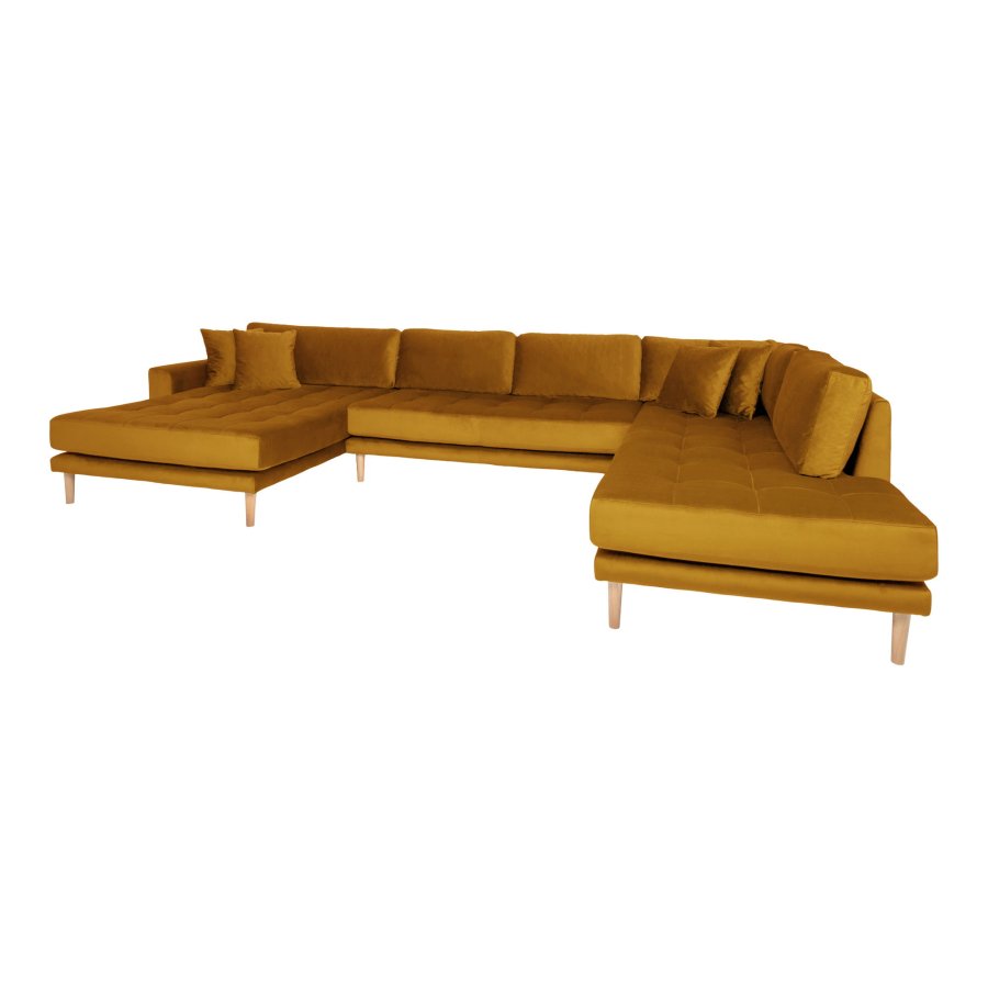 HOUSE NORDIC  Lido U-Sofa ben Ende - U-Sofa ben Ende, venstrevendt i sennepsgul velour med fire puder og natur trben, HN1004