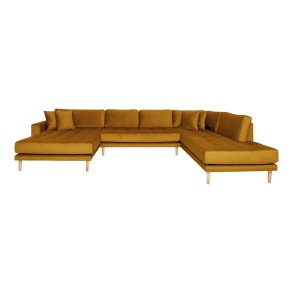 HOUSE NORDIC  Lido U-Sofa ben Ende - U-Sofa ben Ende, venstrevendt i sennepsgul velour med fire puder og natur trben, HN1004