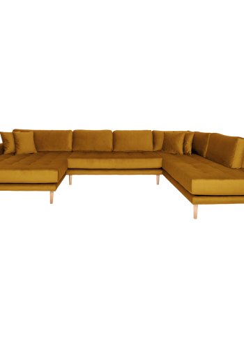 HOUSE NORDIC  Lido U-Sofa ben Ende - U-Sofa ben Ende, venstrevendt i sennepsgul velour med fire puder og natur trben, HN1004