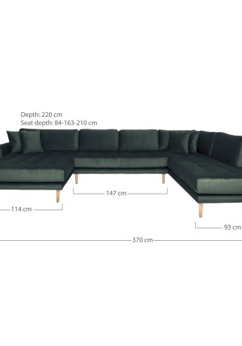 HOUSE NORDIC  Lido U-Sofa ben Ende - U-Sofa ben Ende, venstrevendt i mrkegrn velour med fire puder og natur trben, HN1006