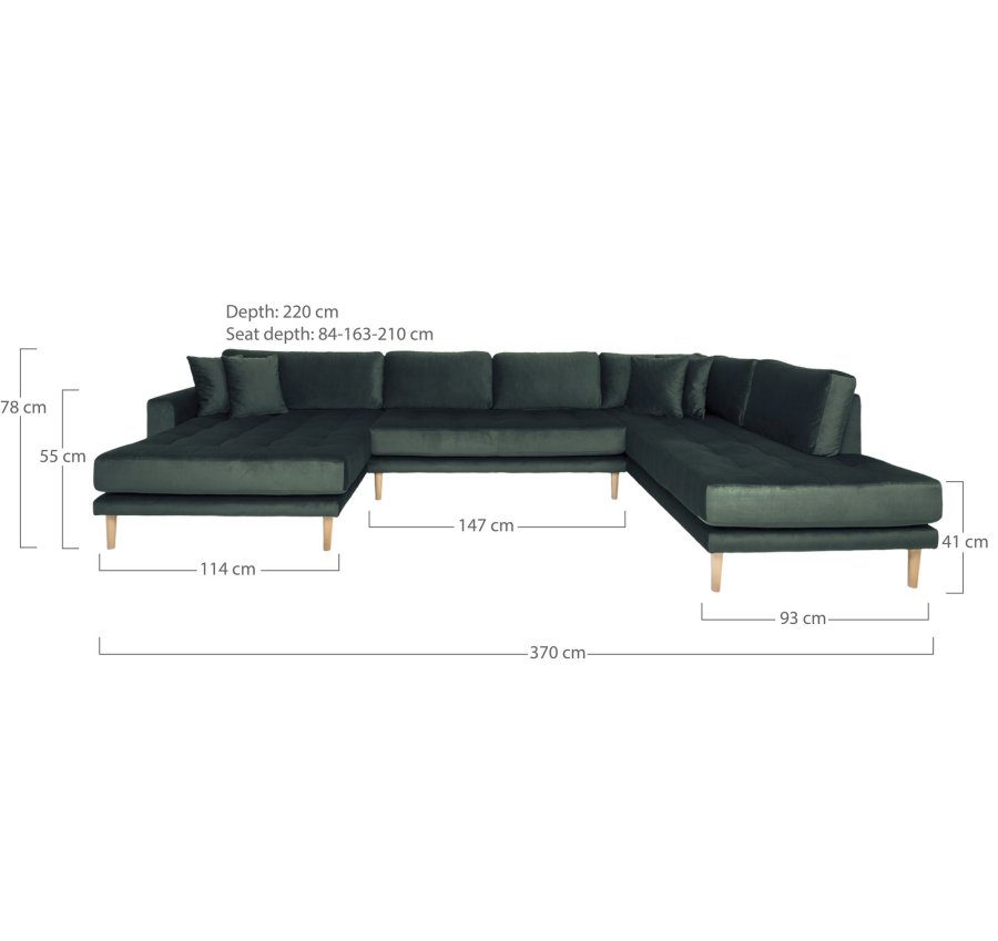 HOUSE NORDIC  Lido U-Sofa ben Ende - U-Sofa ben Ende, venstrevendt i mrkegrn velour med fire puder og natur trben, HN1006