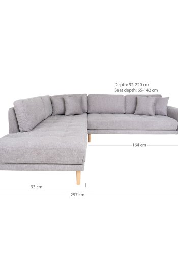 HOUSE NORDIC  Lido Hjrnesofa ben Ende - Hjrnesofa ben Ende,venstrevendt i lysegr med fire puder og natur trben, HN1040