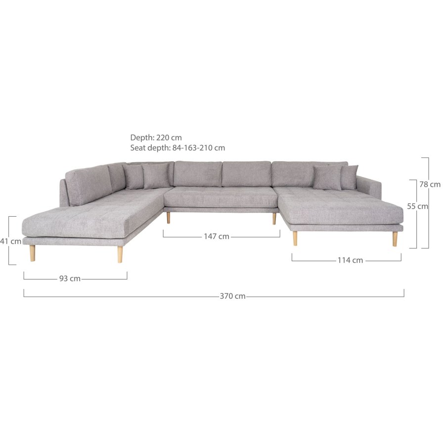 HOUSE NORDIC  Lido U-Sofa ben Ende - U-Sofa ben Ende, hjrevendt i lysegr med fire puder og natur trben, HN1040