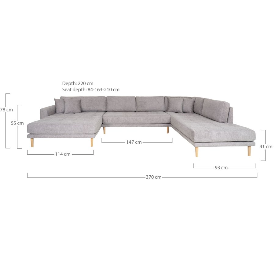HOUSE NORDIC  Lido U-Sofa ben Ende - U-Sofa ben Ende, venstrevendt i lysegr med fire puder og natur trben, HN1040