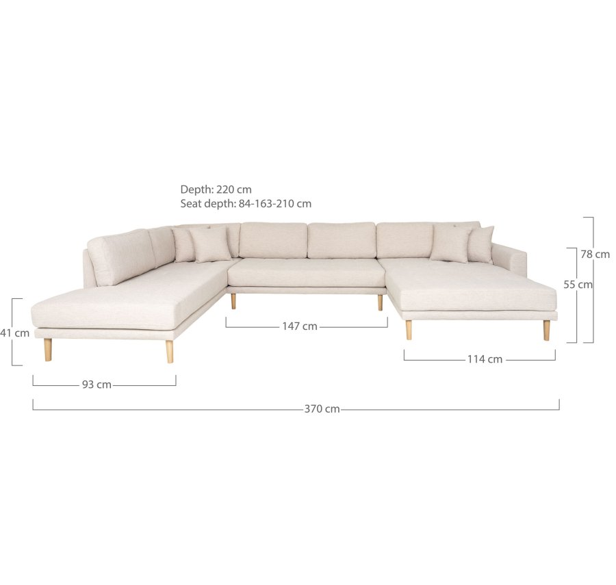 HOUSE NORDIC  Lido U-Sofa ben Ende - U-Sofa ben Ende, hjrevendt i sand med fire puder og natur trben, HN1050