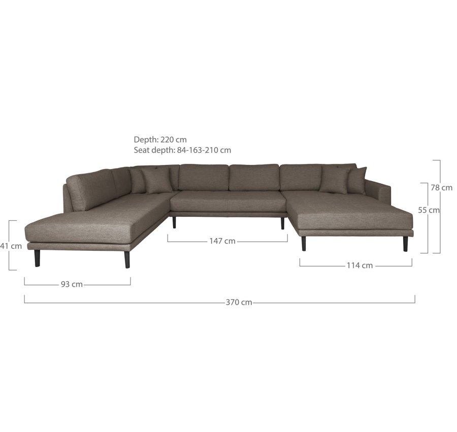 HOUSE NORDIC  Lido U-Sofa ben Ende - U-Sofa ben Ende, hjrevendt i brun med fire puder og sorte trben, HN1055