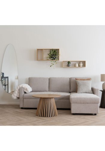 HOUSE NORDIC Belfast sovesofa, m. chaiselong og opbevaring - mrk sand polyester og natur ben