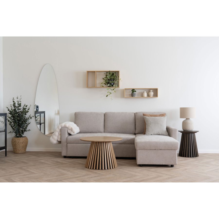 HOUSE NORDIC Belfast sovesofa, m. chaiselong og opbevaring - mrk sand polyester og natur ben