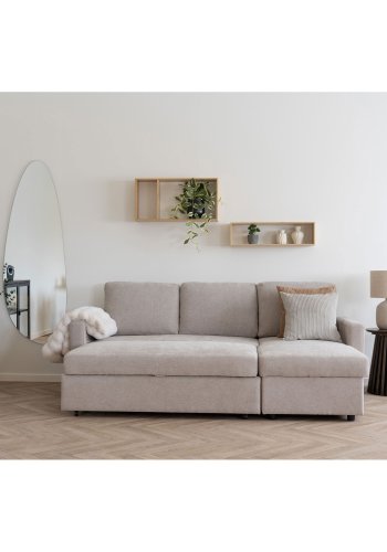 HOUSE NORDIC Belfast sovesofa, m. chaiselong og opbevaring - mrk sand polyester og natur ben