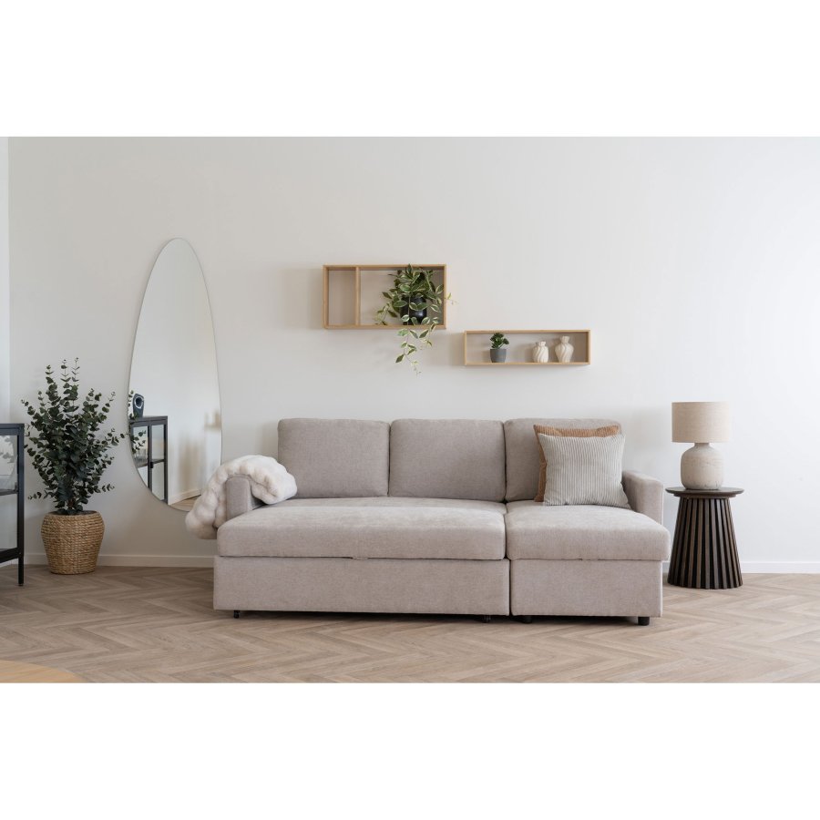 HOUSE NORDIC Belfast sovesofa, m. chaiselong og opbevaring - mrk sand polyester og natur ben